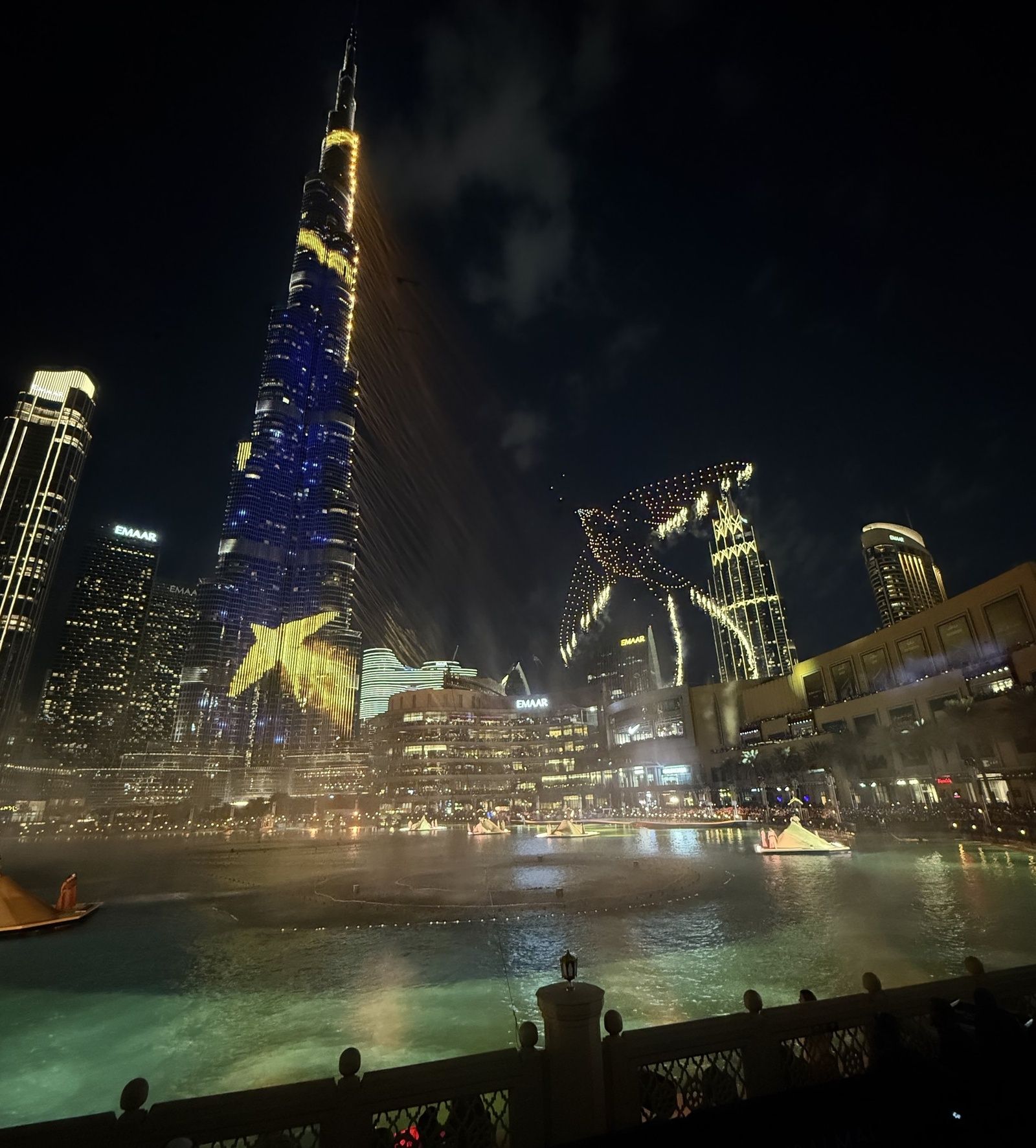 Dubai's skyline lights up for New Year's Eve, with a pyrotechnic drone display, real-time control of more than 5,000 lighting fixtures, and custom lighting on the Burj Khalifa itself